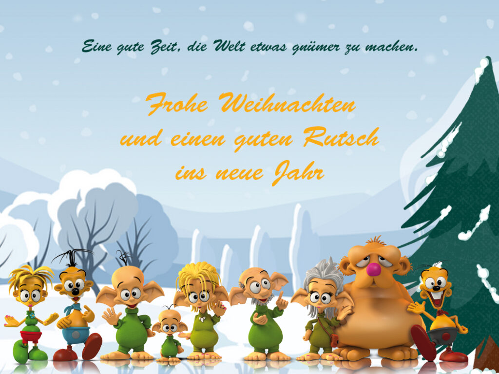 Die Gnümies wandern durchs Winterwunderland und wünschen frohe Weihnachten 